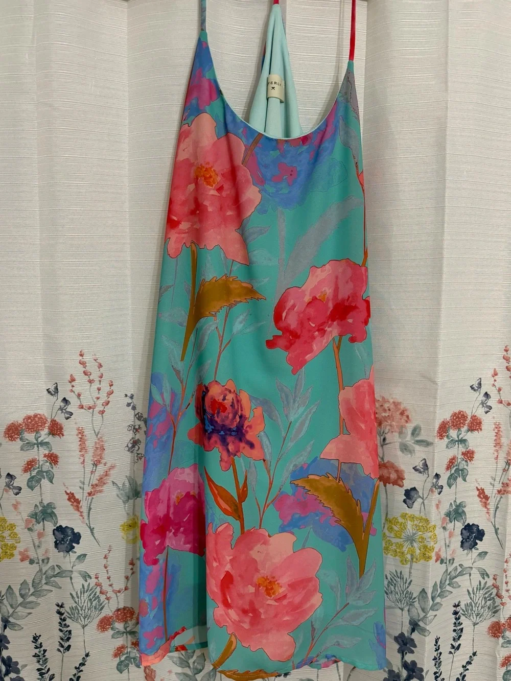 Everly Aqua Slip Dress with Pink Floral Print